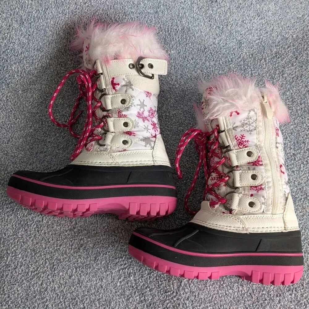 Dream Pairs Girls Size 11 White Fuschia Water Resistant Mid Calf Snow Boots